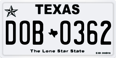TX license plate DOB0362