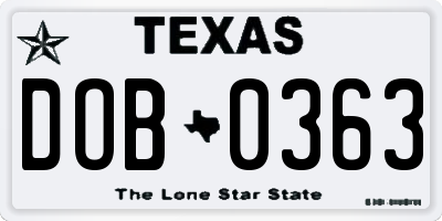TX license plate DOB0363