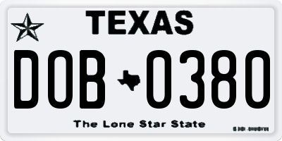 TX license plate DOB0380