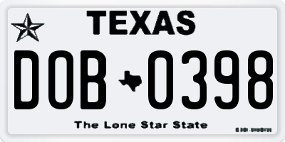 TX license plate DOB0398
