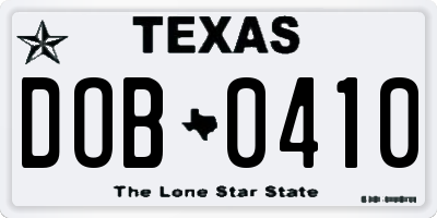 TX license plate DOB0410