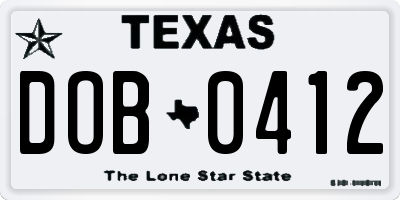 TX license plate DOB0412