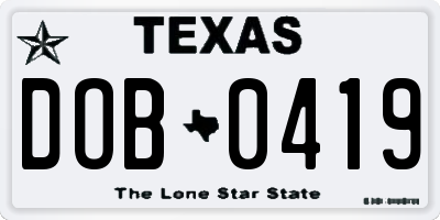 TX license plate DOB0419