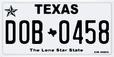 TX license plate DOB0458