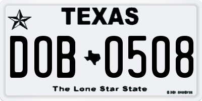 TX license plate DOB0508