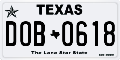 TX license plate DOB0618