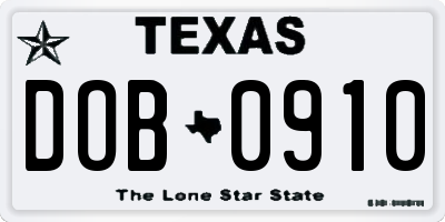 TX license plate DOB0910