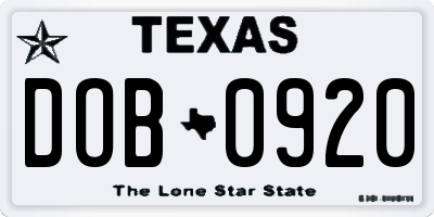 TX license plate DOB0920