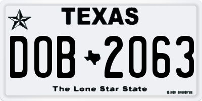 TX license plate DOB2063
