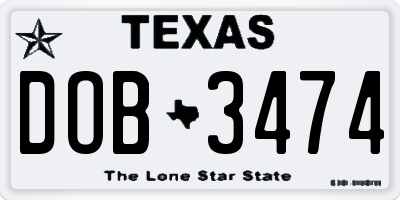 TX license plate DOB3474