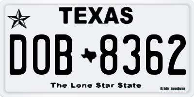 TX license plate DOB8362