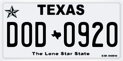 TX license plate DOD0920