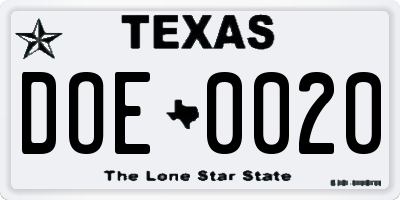TX license plate DOE0020