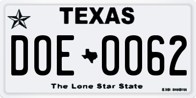 TX license plate DOE0062