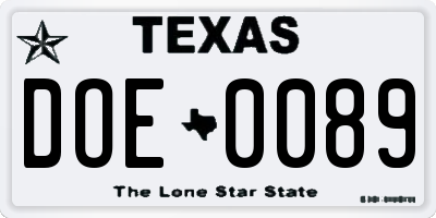 TX license plate DOE0089