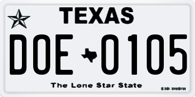 TX license plate DOE0105
