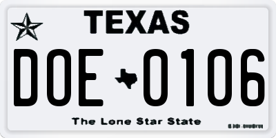 TX license plate DOE0106