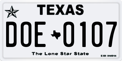 TX license plate DOE0107