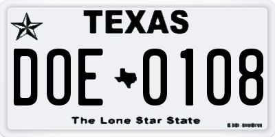 TX license plate DOE0108