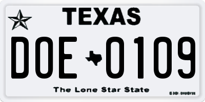 TX license plate DOE0109