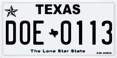 TX license plate DOE0113