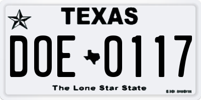 TX license plate DOE0117