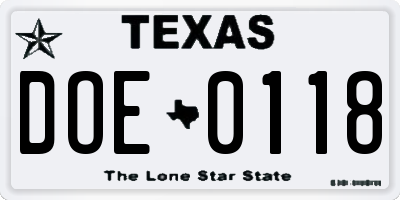 TX license plate DOE0118