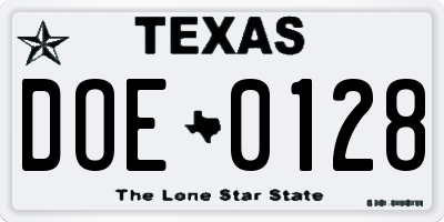TX license plate DOE0128