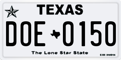 TX license plate DOE0150