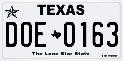 TX license plate DOE0163