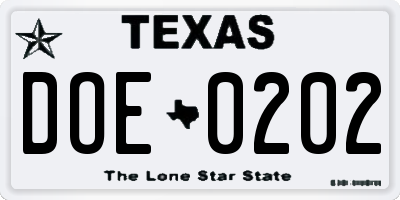 TX license plate DOE0202