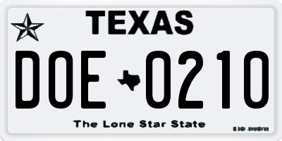 TX license plate DOE0210