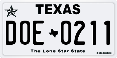 TX license plate DOE0211