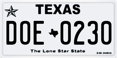TX license plate DOE0230