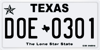 TX license plate DOE0301