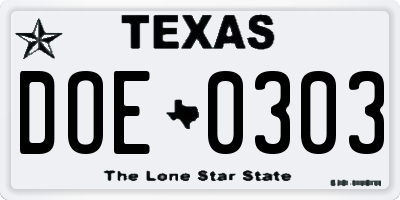 TX license plate DOE0303