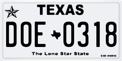 TX license plate DOE0318