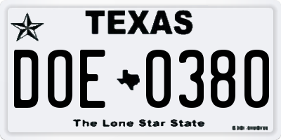 TX license plate DOE0380