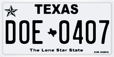 TX license plate DOE0407