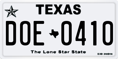 TX license plate DOE0410