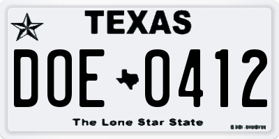 TX license plate DOE0412