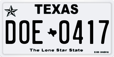 TX license plate DOE0417