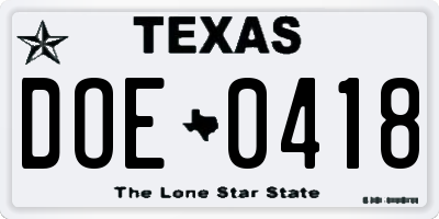 TX license plate DOE0418