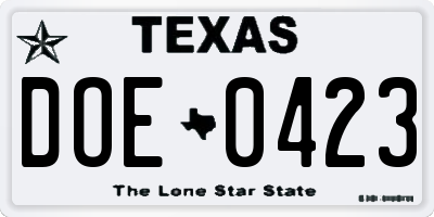TX license plate DOE0423