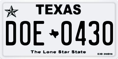 TX license plate DOE0430