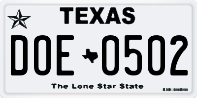 TX license plate DOE0502