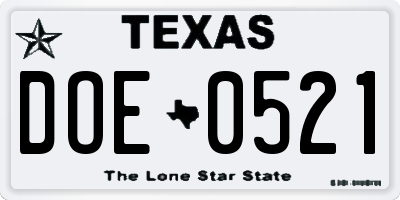 TX license plate DOE0521
