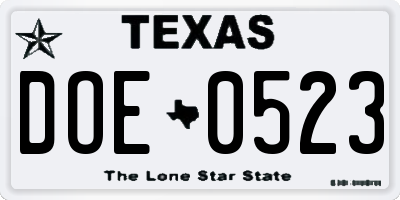 TX license plate DOE0523