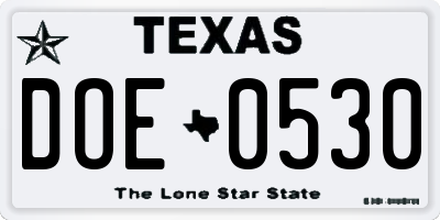 TX license plate DOE0530