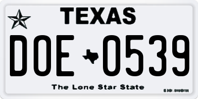 TX license plate DOE0539